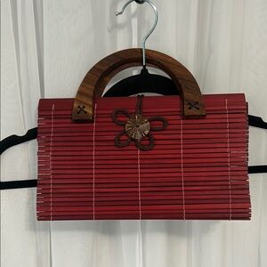 Elegant Red Bamboo Clutch with Wooden Handle